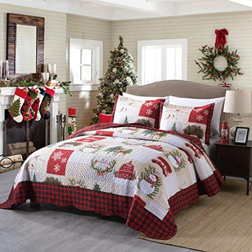 MarCielo 3 Piece Christmas Quilt Set, Rustic Lodge Deer Quilt Bedspread Throw Blanket Lightweight Bedspread Coverlet Comforter Set BY013 (King) - Thumbnail 2