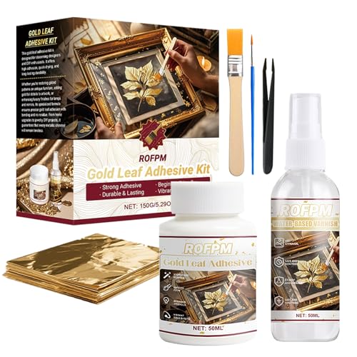 Blattgold Kleber Set Anlegemilch für Blattgold 50 ml Kleber und 50 ml Schutzlack auf Wasserbasis Blattgold zum Basteln 100 Stück Gold Leaf Adhesive Metallfolienblätter Handwerk Vergoldung