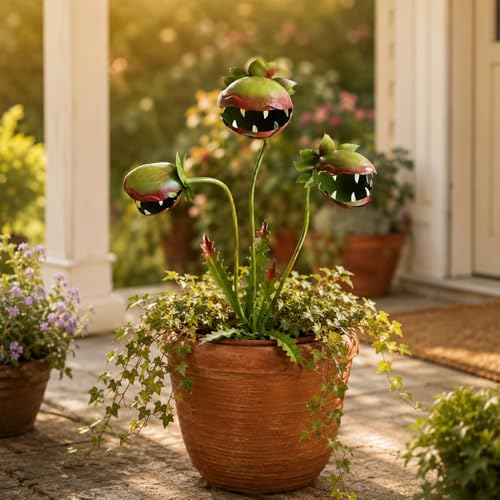 Whimsical Metal Carnivorous Plant Garden Stake 25-inch Large Venus Flytrap Monster Plant Sculpture Fun Outdoor Decorative Art Pieces for Lawns Flower Pots Flower Beds Patios