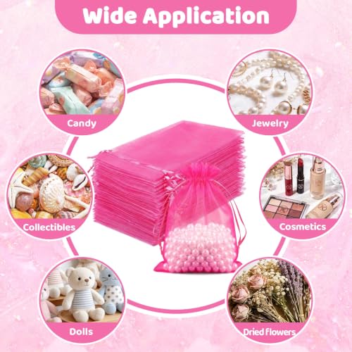 Image of FUNFERY 100PCS Hot Pink Organza Gift Bags 6x9in,Drawstring Jewelry Pouch