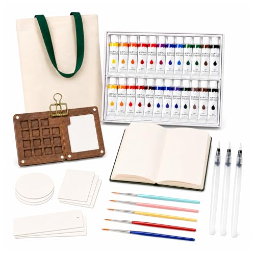 fsdyknej Portable Mini Painting Set Compact Travel-Friendly Art Kit with 24 Colors Wooden Fold-Out Palette Sketchbook 9PCS Cards Brushes and Canvas Tote for Artists Beginners and Art Lovers