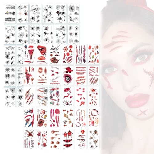 60 Tatuajes Temporales de Halloween - Cicatrices Zombie + Arañas con Efecto Sangre Falsa FX | Accesorios para Maquillaje de Disfraces (30 Hojas de Heridas + 30 Hojas de Arañas)