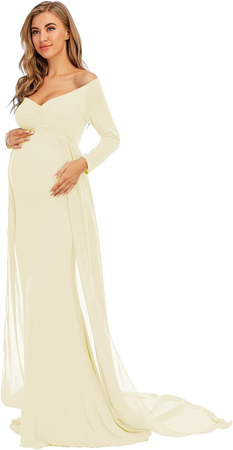 ZIUMUDY Maternity Off Shoulder Long Sleeve Fitted Gown Maxi Chiffon Dress for Photo Shoot Baby Shower - Image 2