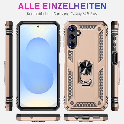 Image of Heavy Duty Case for Samsung Galaxy S25 Plus Phone Case with Screen Protector, Military Grade Shockproof Rugged Protective Cover for Samsung S25 Plus, with Metal Ring Magnetic Kickstand (Gold)
