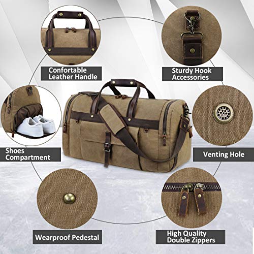 Travel Duffel Bag Waterproof Duffle Bags for Men Oversized Genuine Leather Carryon Weekend bag Canvas Overnight Bag Brown