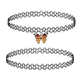 BodyJ4You 2PC Tattoo Choker Necklace - 90s Choker Necklace Women - 2000s Y2K Black Chokers - Retro Cute Butterfly Charm Pendant - Emo Stretchy Elastic Necklace