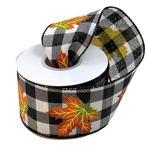 Image of Fall Leaves Buffalo Plaid Ribbon - 2 1 /2 inch x 10 Yards, Wired Edge, Orange Leaf, Black and White Plaid, Halloween, Thanksgiving, Fall Decor, Christmas, Rustic, Farmhouse, Wreath Decor, Craft Decoration