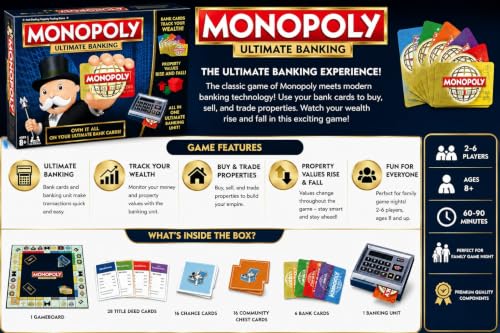 Image of Monopoly Ultimate Banking Board Game with Electronic Banking Unit & Bank Cards | Family Strategy Game for 2-6 Players | Ages 8+