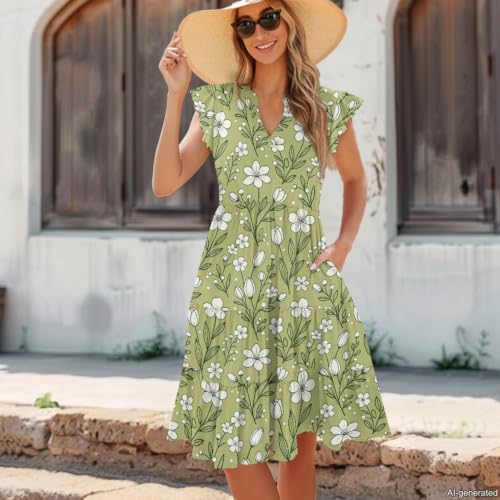 Image of Womens Summer Dress Ruffle Sleeve V Neck Dress Casual Fit Flowy Beach Vacation Sundress with Pocket S-2XL