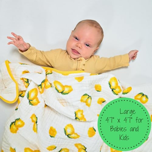 Image of LollyBanks Muslin Baby Quilt, 100% Cotton Baby Blanket for Boys and Girls, Large 47 x 47 Inches Versatile Crib Blanket, 6 Layers Newborn Blanket, Durable Baby Bedding, Registry (Sunny Lemon Print)
