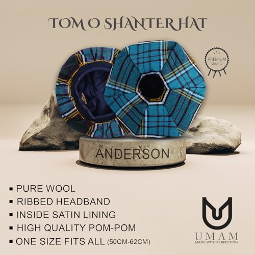 Image of Scottish Tam O' Shanter Hat Tartan Bonnet Pom Pom Wool Flat Cap One Size