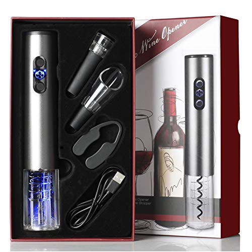 Electric Wine Bottle Opener, Cordless Automatic Corkscrew Set contains Foil Cutter, Vacuum Stopper and Wine Aerator Pourer, The Best Gift for Wine Lovers (Black)