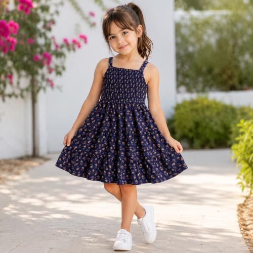 Image of The Magic Wand Kids Girls Printed Cotton Summer Dresses, Knee Length Sleeveless Casual Western Stylish One Piece Fit & Flared Frock for Beach & Vacations