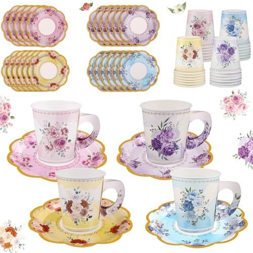 24 Sets Disposable Paper Tea Cups 7 OZ Floral Tea Party Cups with Handle and Plates Teacups and Saucer Sets for Baby Bridal Shower Wedding Birthday(Watercolor Style)