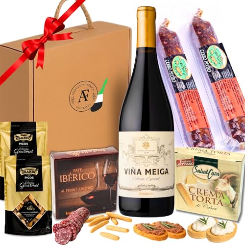 Cesta Gourmet para Regalar ACROL, Vino tinto 75 cl, Chorizo primera, Salchichón, crema torta de Cabra, paté iberico al Pedro Ximénez y picos artesanos, regalo original hombre, regalos hombre
