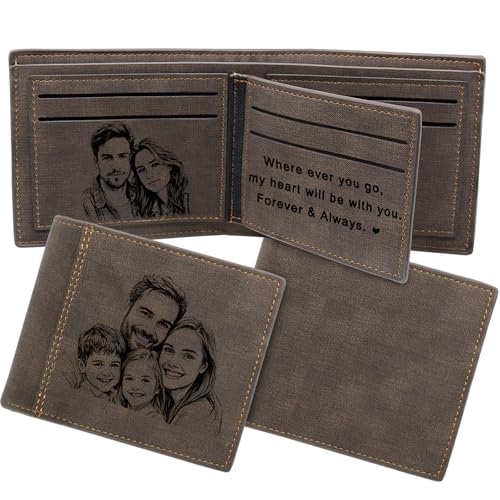 Custom Wallets Photo for Men Personalized Engraved Leather Picture & Text Gifts for Father's Day Anniversary Valentine's Day Christmas Suitable for Boyfriend Father Son Husband