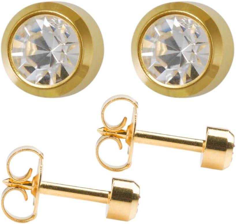 April/Crystal Mini 2mm Gold Plated Bezel Setting Ear Piercing Stud Earrings Birthstone