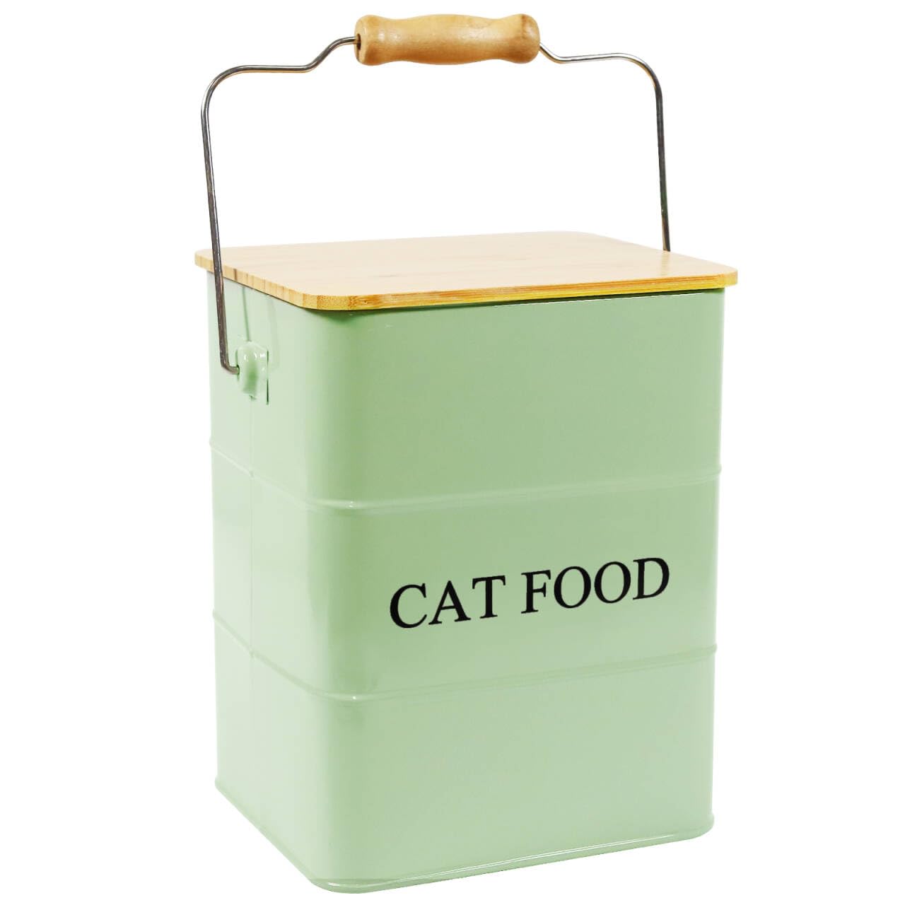 Geyecete Metal - Contenedor de croqueta para gatos (6 L, cajas para alimentos y golosinas, animales y herméticos, madera, tapas de acero al carbono revestidas, – Croqueta de gato con mango verde