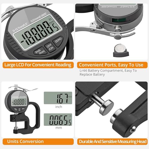 Image of Digital Thickness Gauge 0-12.7mm / 0.5 Inch Electronic Micrometer with Large LCD Display, 0.001mm High Precision, Inch /Metric Conversion (0.001 MM 0 to 12.7mm)
