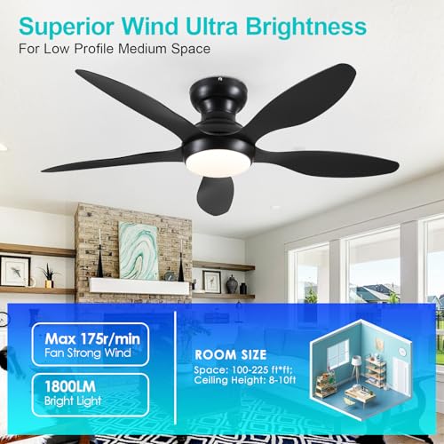 Bayday 89018902FL Ceiling Fans With Lights, 46 Inch Modern Black Low Profile Ceiling Fan With Light And Remote App Control, Flush Mount, Quiet Dc Reversible, Dim Led Ceiling Fan For Bedroom Kitchen Indoor/Outdoor Patio thumb #1