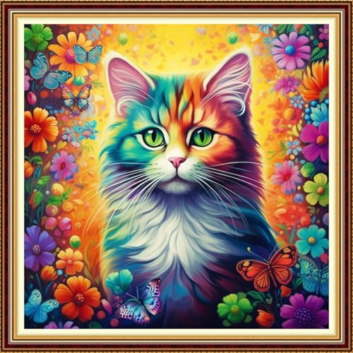 Image of Funchey Stamped Cross Stitch Kits, DIY Cross Stitch Pattern for Adults Beginners Needlepoint Kits Embroidery Kit Arts and Crafts 11CT-Colorful Flower Cat 18x18 inch