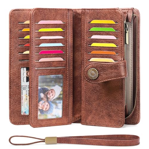 Women Genuine Leather Wallet with 24 Card Slots and RFID Blocking Card Holder Double Zipper Pocket Leather Wallet Large (Brown)4