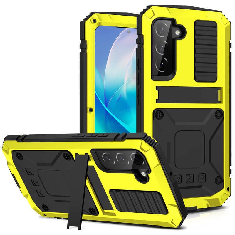 Coque Samsung S23 métal et silicone rigide jaune pour une finition robuste et élégante