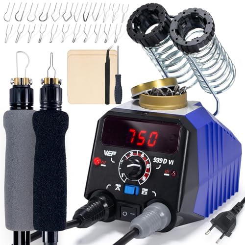 WEP 939D-VI Kit de Pirograbador de Madera con Doble Bolígrafo 250–750℃ pirograbador con Interruptor A/B, 2 Bolígrafo Desmontables, 20 Puntas, Soporte de Doble Ranura Apto para Madera y Cuero (EU Plug)