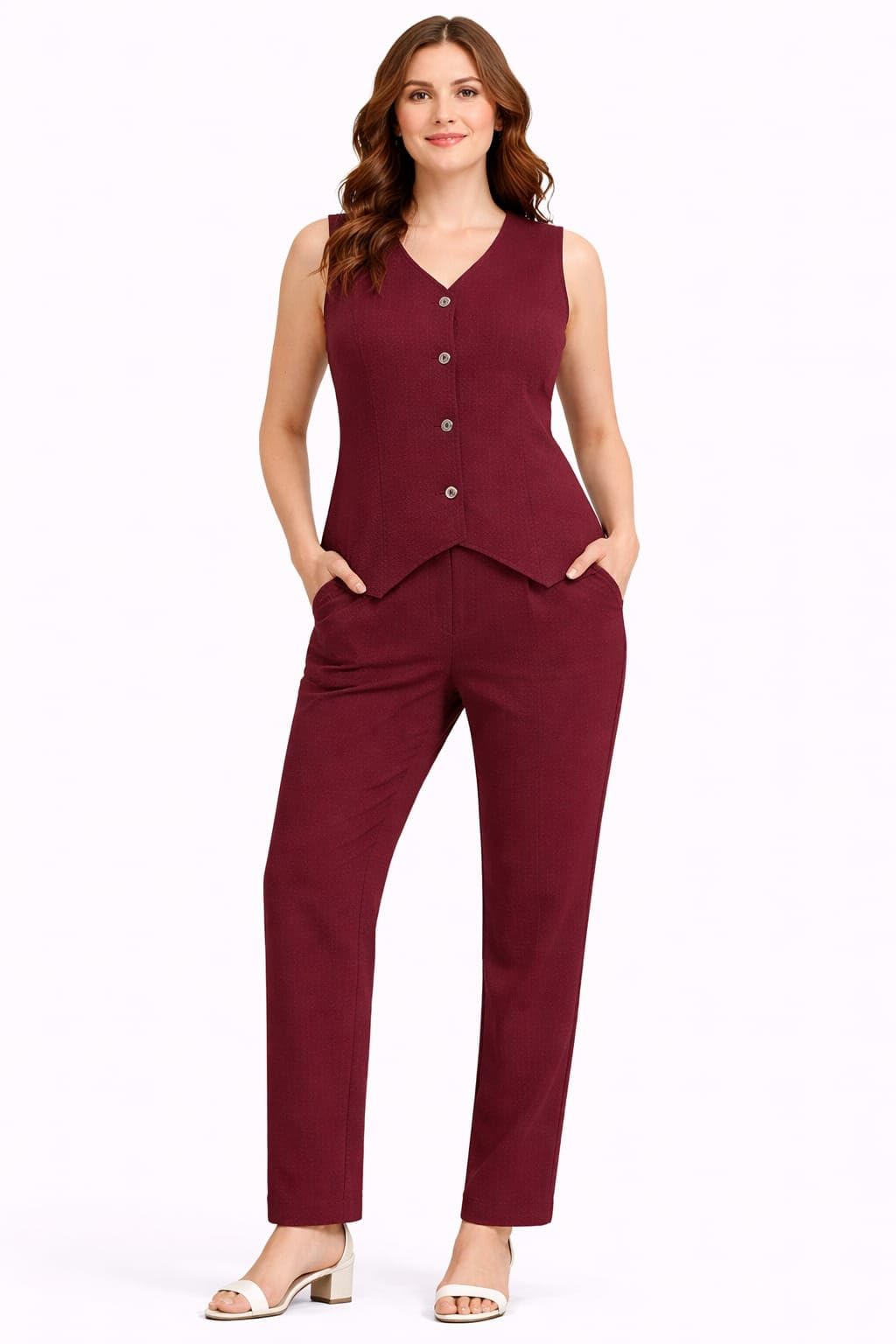 Women's Polyester Blend Waistcoat Style Co-ord Set, Sleeveless V-Neck Vest with Straight Fit Trousers, 2 Piece Formal Outfit for Office and Party