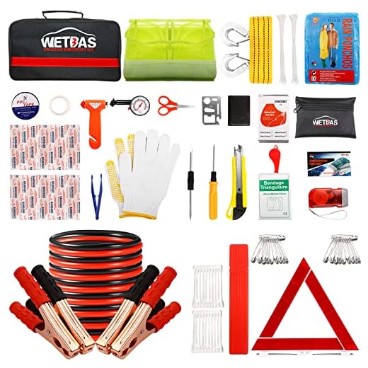 WETBAS Roadside Emergency Kit for Car, Vehicle Auto Truck Safety Emergency Road Side Assistance Kits Essentials with Jumper Cables, Safety Hammer, Tow Rope, Reflective Warning Triangle