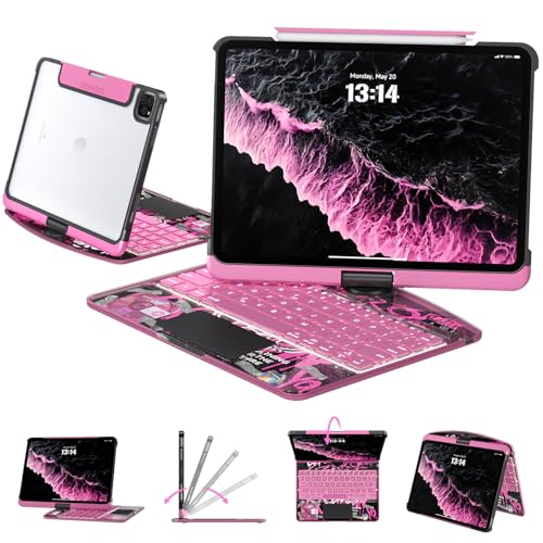 Image of Transparent Case with Keyboard for iPad Pro 13 inch (M5 /M4, 2025 /2024), iPad Pro 13,7-Color Backlit,Magic Wireless Keyboard, 360Rotating,Multi-Touch trackpad,Pencil Holder,with Shortcuts,Pink