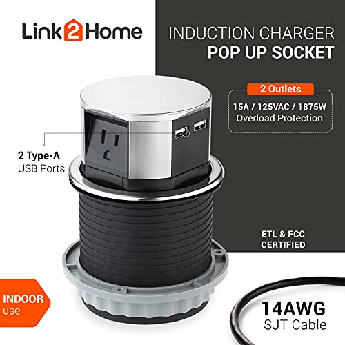 Link2Home Link 2 Home Space Saver Pop Up Outlet With Usb, 3 Power Outlets 15A, 2 Usb Ports 2.4A Fast Charge, Splash Resistant, Stainless-Steel Finish, For Kitchen Counter Island thumb #1