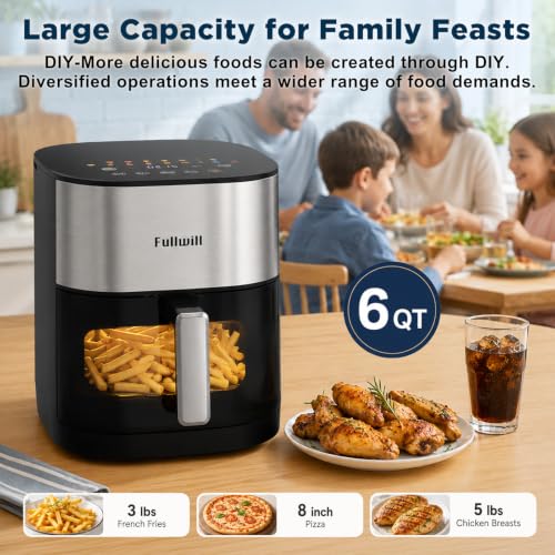 Image of Fullwill 6Qt Air Fryer Liners 2 Pack, Dual Heating, 14-in-1 /12 Presets (Wings, Steak, Fries, Pizza), 392F, 1700W, Nonstick & Dishwasher-Safe Basket, PFOA-Free,Reusable Liners Baskets