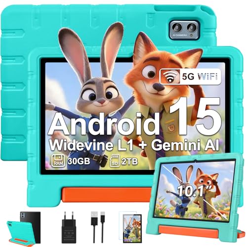 ZIOVO Kinder Tablet 10 Zoll Android 15 mit 30GB RAM+TF 2TB 5G WiFi Gemini AI Octa-Core Widevine L1 GPS Face ID Kindersicherung iWAWA 6000mAh BT 5.0 Kids Tablet mit Eva Case - Grün