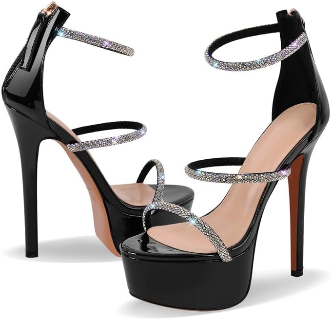 richealnini Platform Heel for Women Crystal Sandals with Rhinestone Straps Buckle Stiletto High Heels - Image 6