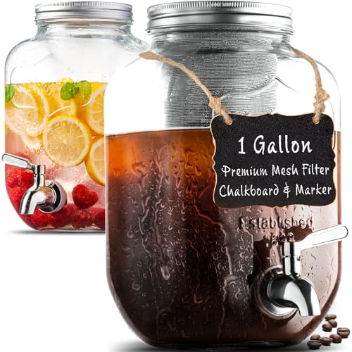 1 Gallon Cold Brew Coffee Maker, Iced Tea Pitchers with 3rd Generation Mesh Filter & Stainless Steel...