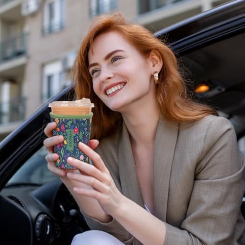 Image of Reusable Insulated Neoprene Iced Coffee Cup Sleeve, Durable Drink Sleeve for Cold Beverages, Beverage Holder for Iced Coffee, Fern Florals