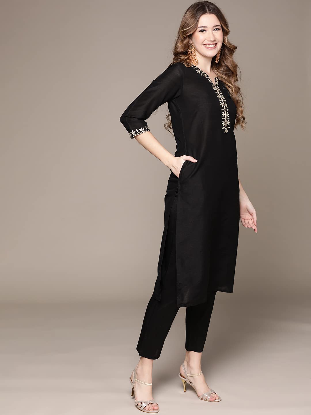 Anubhutee Women's Cotton Black Ethnic Motifs Zari Work Embroidered Straight Kurta Suit Set With Trousers