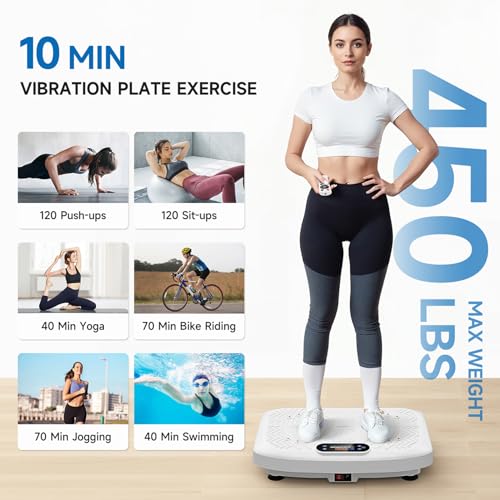 Vibration Plate Exercise Machine Weight Loss, Full Body Workout Vibration Plate Lymphatic Drainage, 199 Adjustable Speeds Power Shaping Vibrating Plate 450 Lbs Capacity Fitness Platform White
