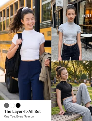 Image of EXARUS 3 Pack Girls Square Neck Top Fitted Tshirt Trendy Cute Crop Tops Tee | Cropped Tee Slim Fit Trendy Cute Stretchy Tops Short Sleeve