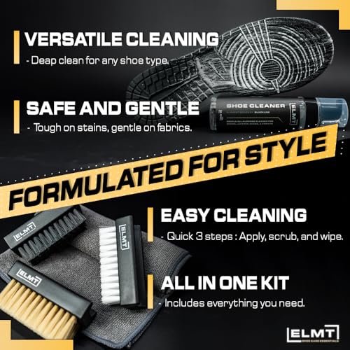Blackline ELMT Shoe Cleaner Kit — Ideal Sneaker, Canvas, Mesh, Nubuck, Sheepskin, Leather, Suede Shoe Cleaner — US-Made, Safe, 10X Potent Shoe Cleaning Kit (8 oz Solution, 3 Brushes, Microfiber Towel)3