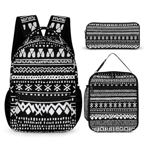 Backpack Lightweight Traditional Ethnic African Mudcloth Pattern Bookbag with Lunch Box Storage Bags Backpack Set Daypack with Lunch Bag and Cosmetic Bag