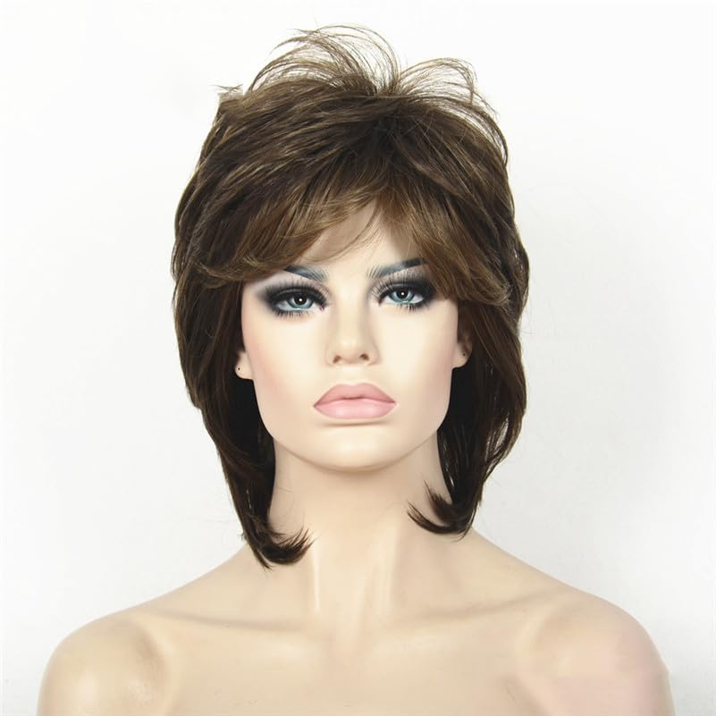 Short Brown Mix Choppy Layered Shag Full Synthetic Wig Women's Wi...