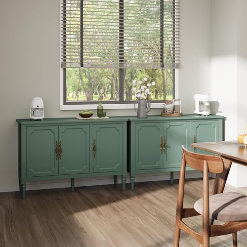 Image of FansaFurn 3-Door Buffet Cabinet with Adjustable Shelves, Accent Sideboard Cabinet with Turned Legs, Wood Pantry Cabinet, Mid-Century Storage Cabinet for Entryway, Living Room, Dining Room, Green