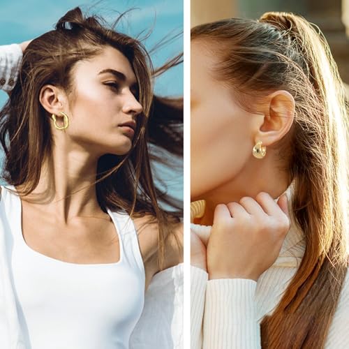 6 Pairs Gold Hoop Earrings Set for Women, 14K Gold Plated Huggie Chunky Earring Variety Pack, Hypoallergenic Thick Jewelry Gift4