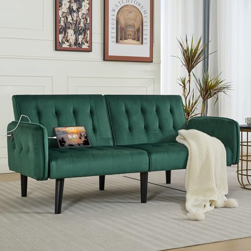 Image of TYBOATLE 65 inch W Velvet Modern Convertible Folding Futon Couch Sofa Bed w / 2 USB Charging Ports and arms, Loveseat for Living Room, Office, Apartment, Bedroom (Green)