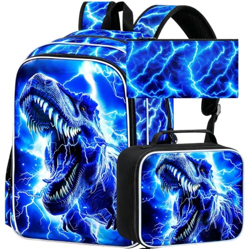Image of 17 inch Dinosaur Backpack, Boys Lightning Kids Bookbag with Lunch Box, 3Pcs Dino School Backpacks for Elementary Preschool Kindergarten (Blue)