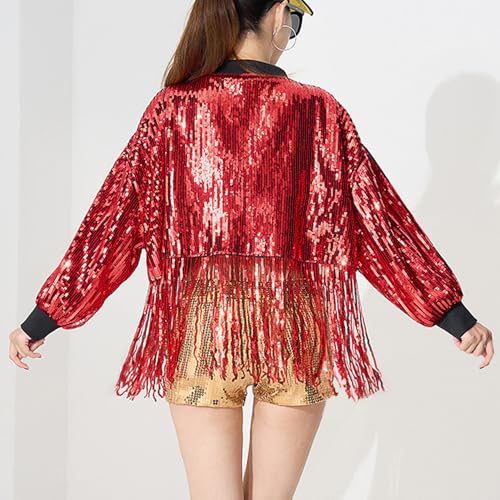 Women's Short Sequin Fringes Jacket Coat Long Sleeve Zipper Blazer Bomber Racing Jacket Club Party Rave Outfits4