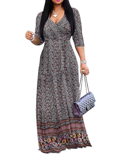 Image of Yajedo Womens Casual Summer Maxi Dress Plus Size Sexy Wrap V Neck 3 /4 Sleeve Sundress with Pockets