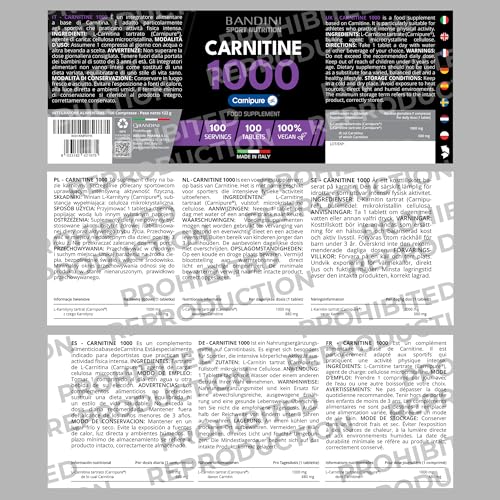 Bandini® L-CARNITINE Carnipure® | 100 Vegan Tablets 100 Days | High Strength L Carnitine Tartrate Supplement | Reduces Tiredness & Fatigue | Energy & Metabolism Support | Pre-Workout Formula 1000mg - Image 6